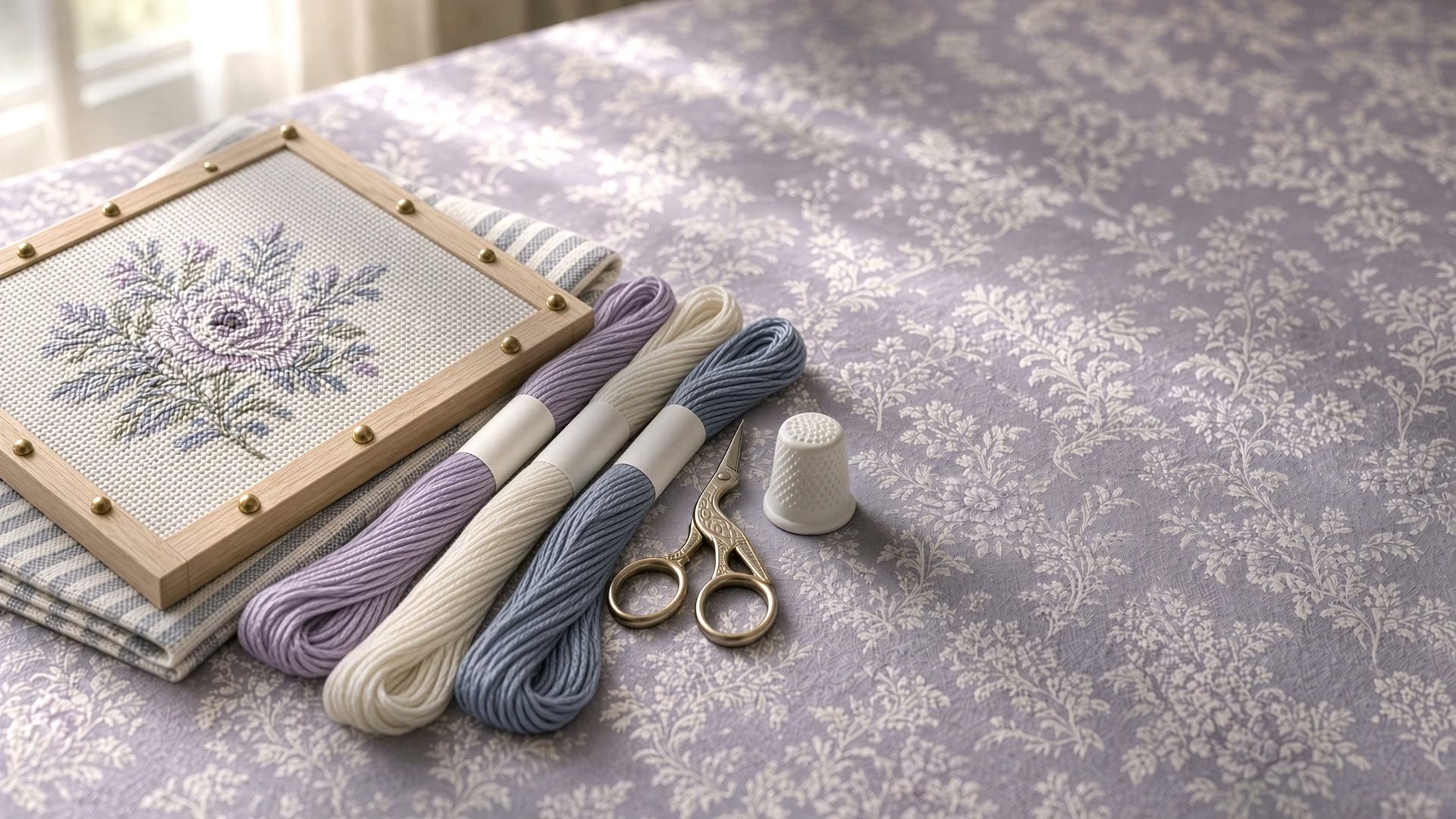 A needlepoint canvas on stretcher bars with skeins of lavender, cream and blue thread on a lavender toile cloth